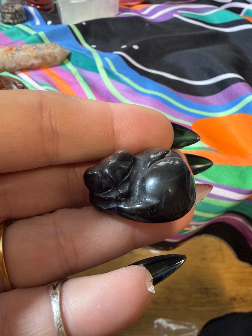 Silver obsidian small mini cat carved figurine